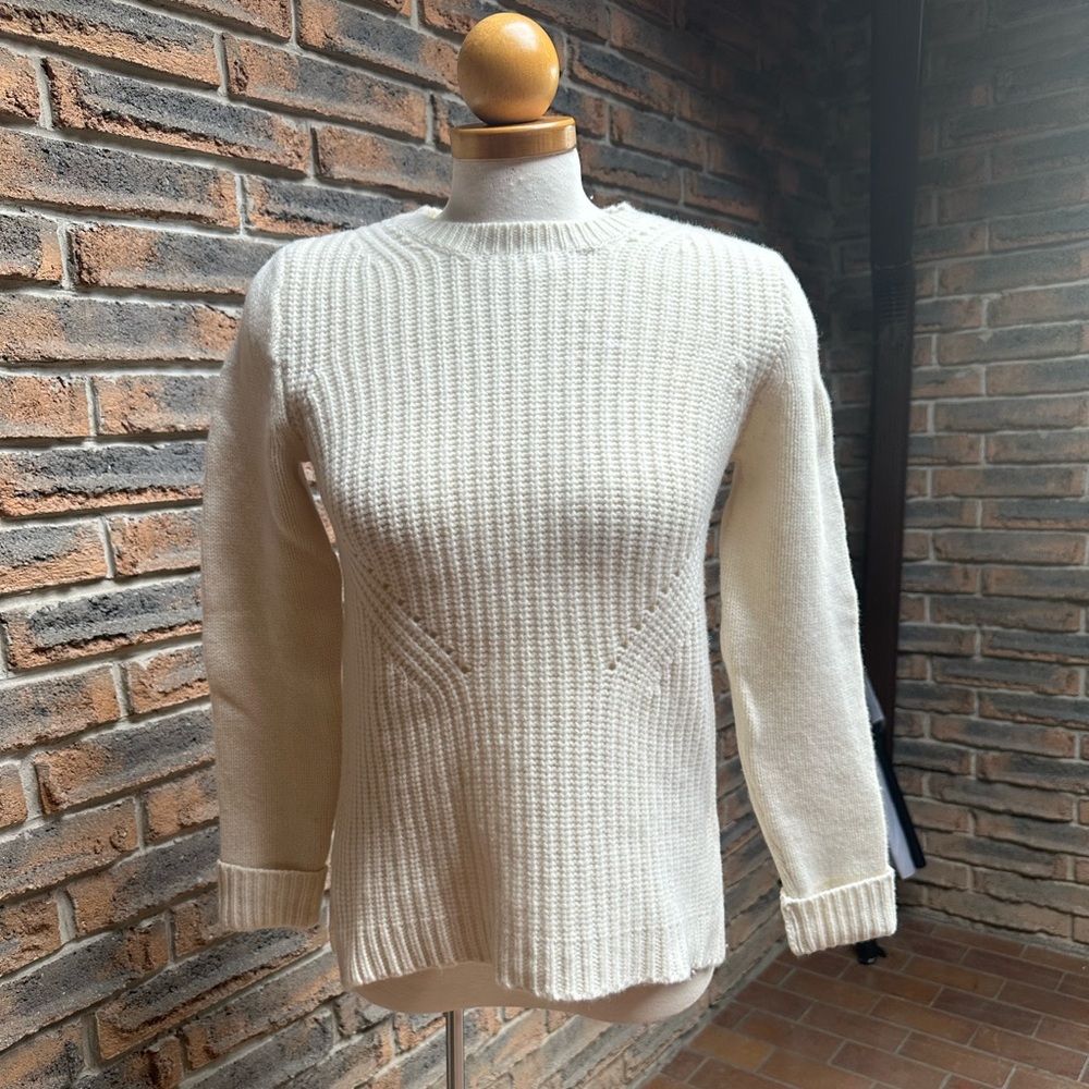 J. Crew - 100% Wool Knit Rib Stitch Pointelle Cream Crewneck Sweater - Size S